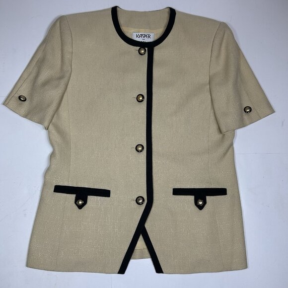 Vtg Kasper For ASL 2pc Skirt Suit Tan Black Short Sleeve Pleated Front Lined 14 - Picture 3 of 9